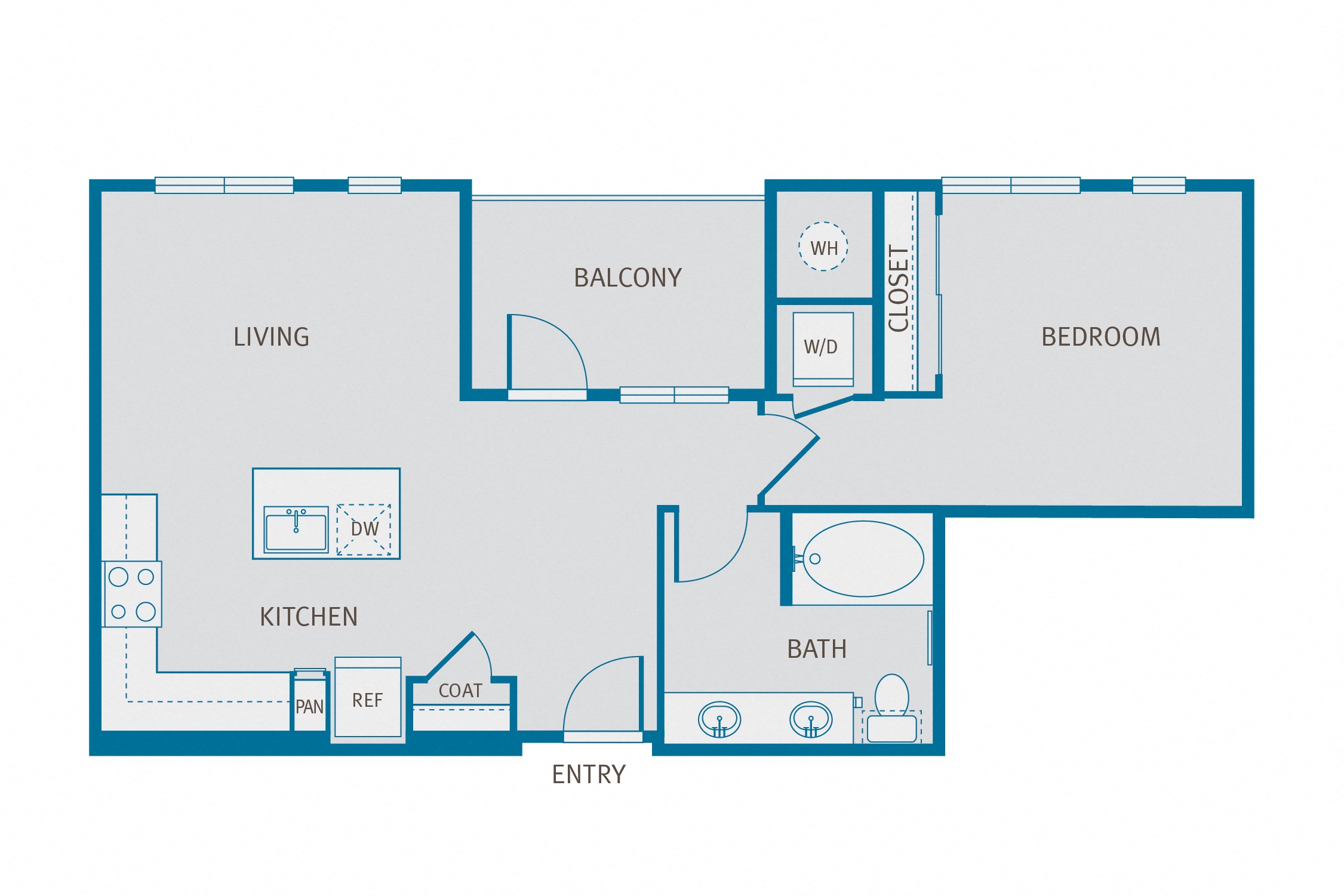 Floor plan for 1 bed, 1 bath, 745 sqft